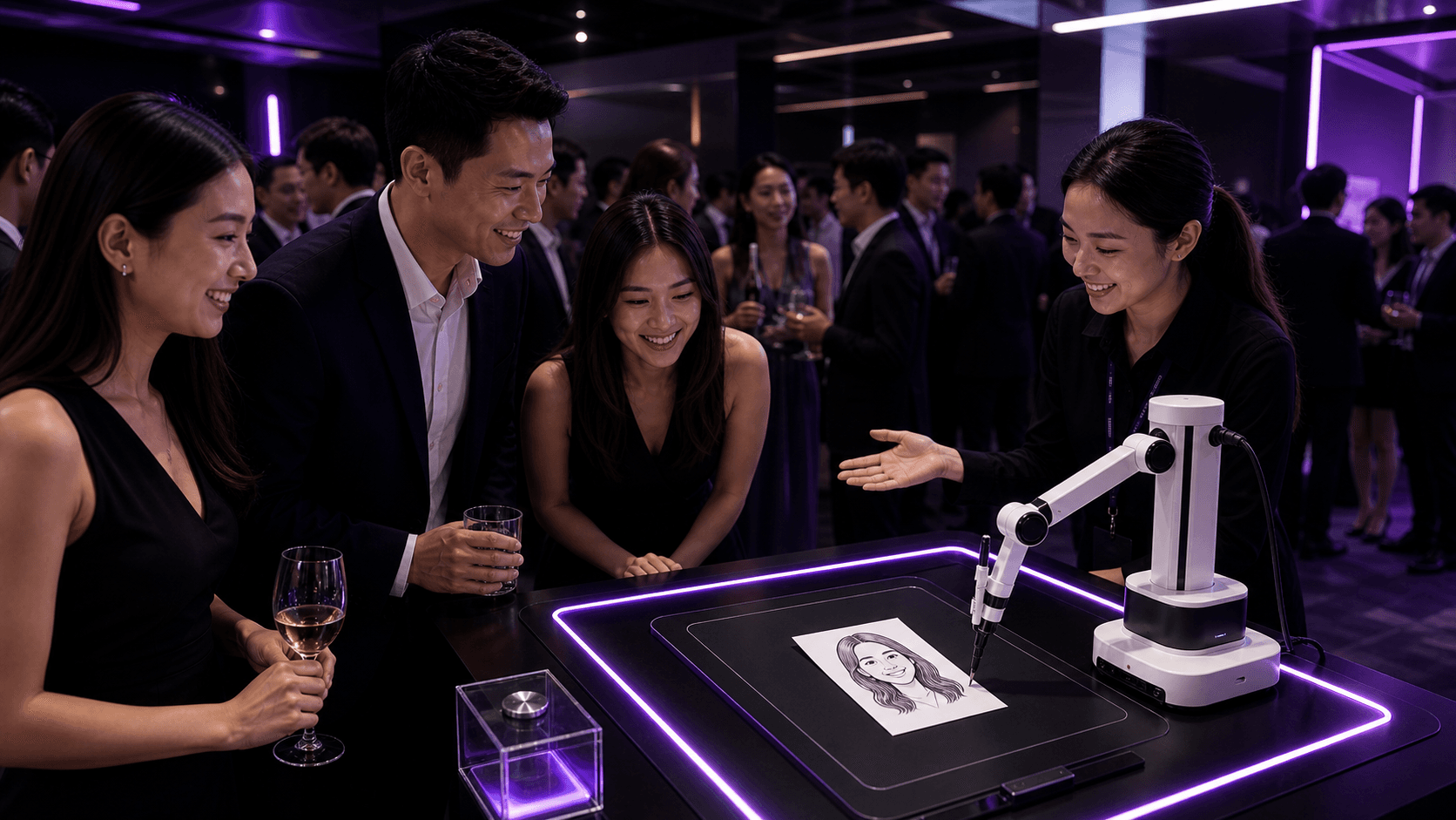 Guests enjoying an AI robotic caricature activation